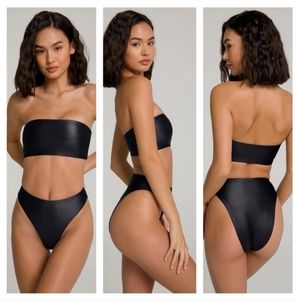 Good American Better Band Black High Shine Bandeau Bikini Set Sz 4 (XL)